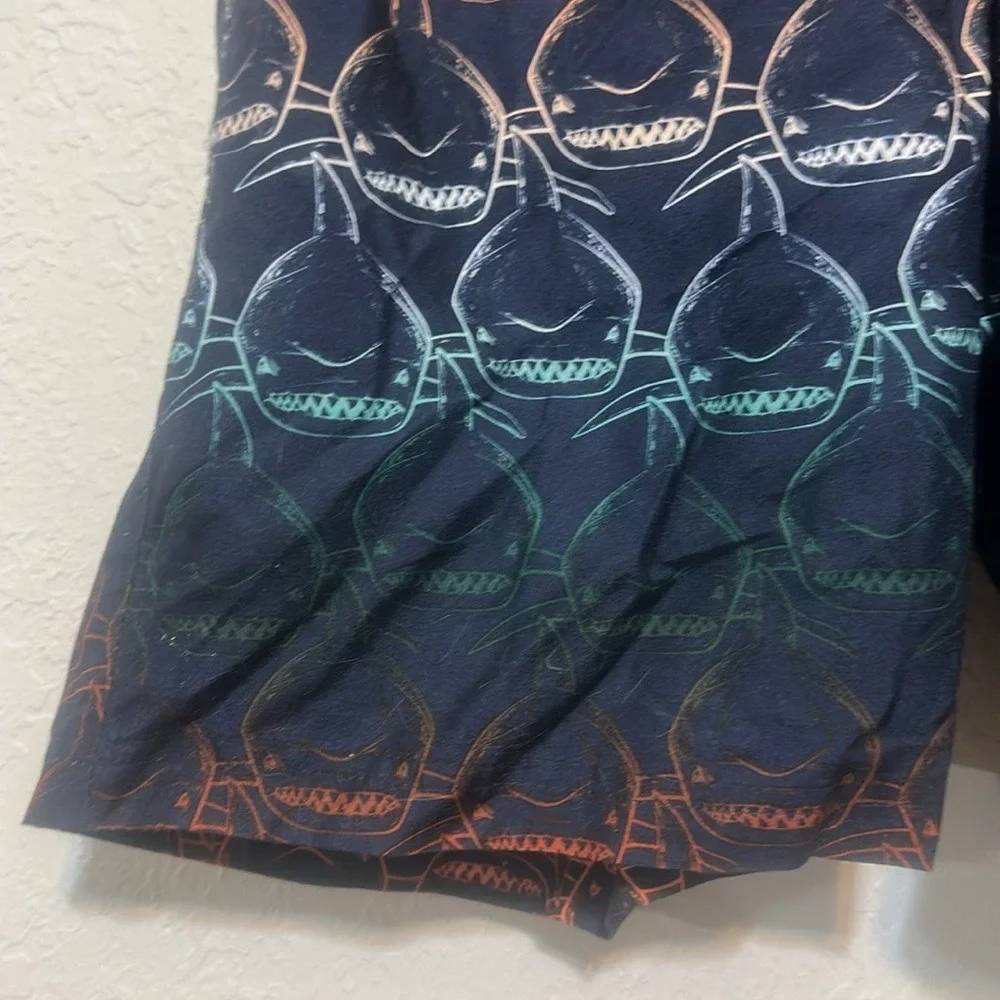 Revolution Boys Shark Print Swim Trunks Navy Blue Orange Teal Size L 12/14 NWT